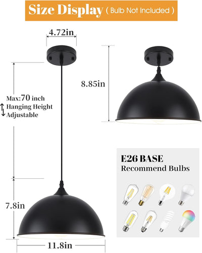 2 Luces Colgantes Negras Cúpula de Granja 11.8pulg