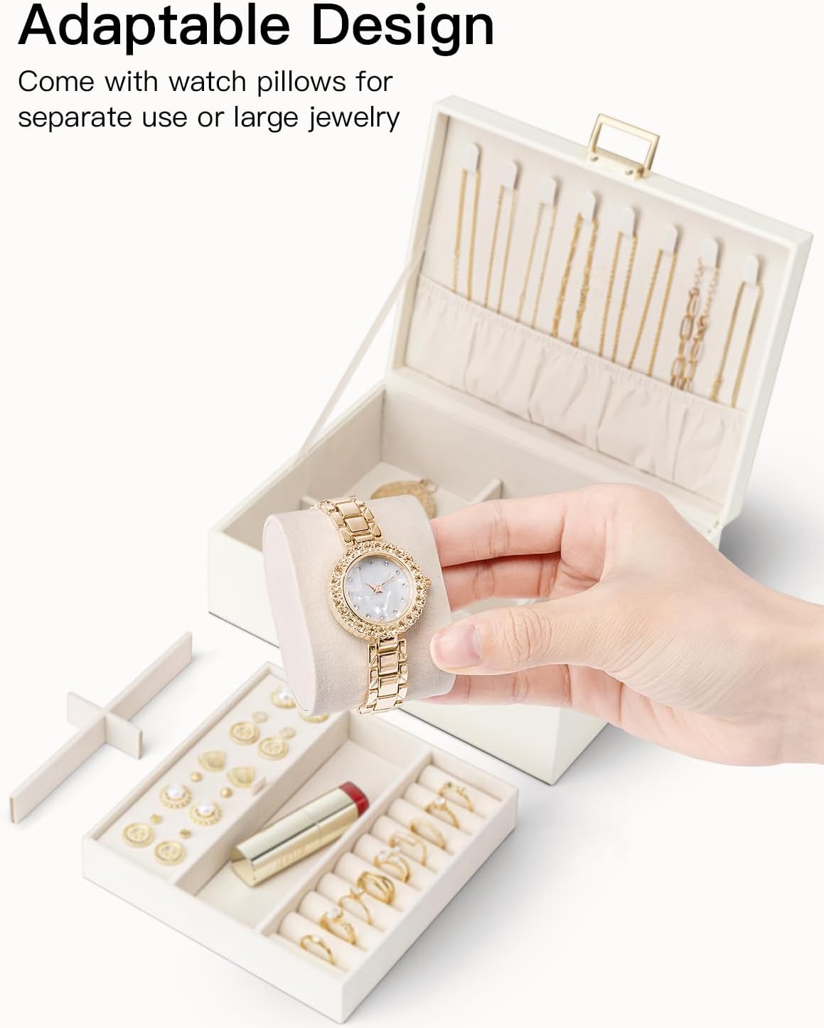 Caja organizadora joyas 2 capas con bandeja extraíble crema