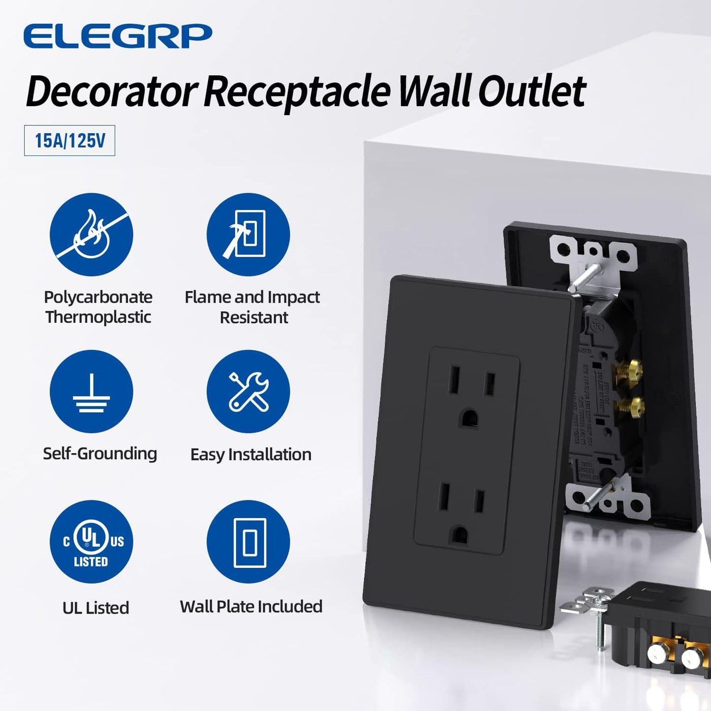Enchufe pared negro mate 15A 125V NEMA 5-15R cert UL set 50