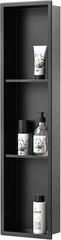Nicho ducha acero inox 8x36" negro mate 3 estantes