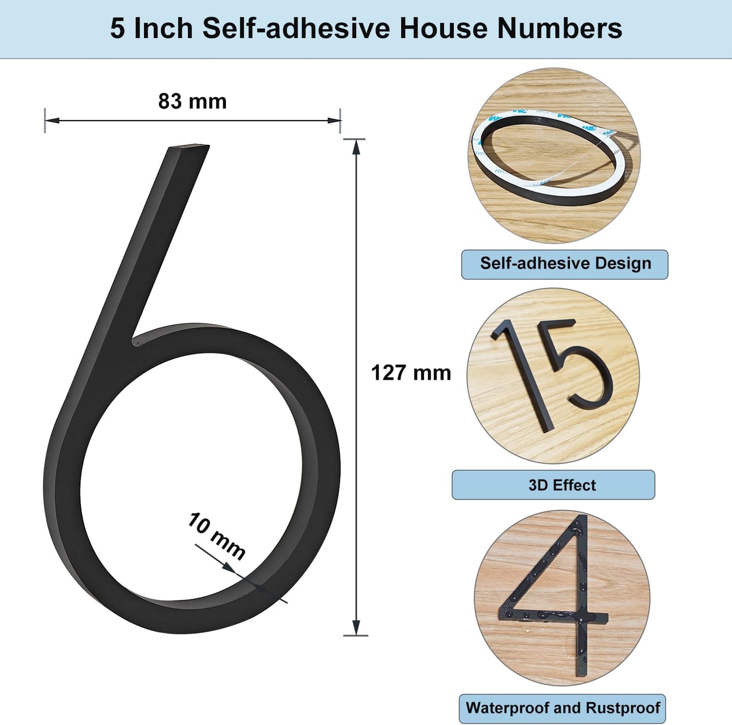 Números puerta 5" 3D autoadhesivos para buzón negro