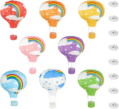 Decoración globos aerostáticos aula con ganchos techo