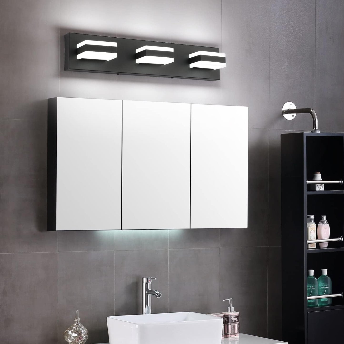 Luces LED tocador baño negras sobre espejo con 3 luces