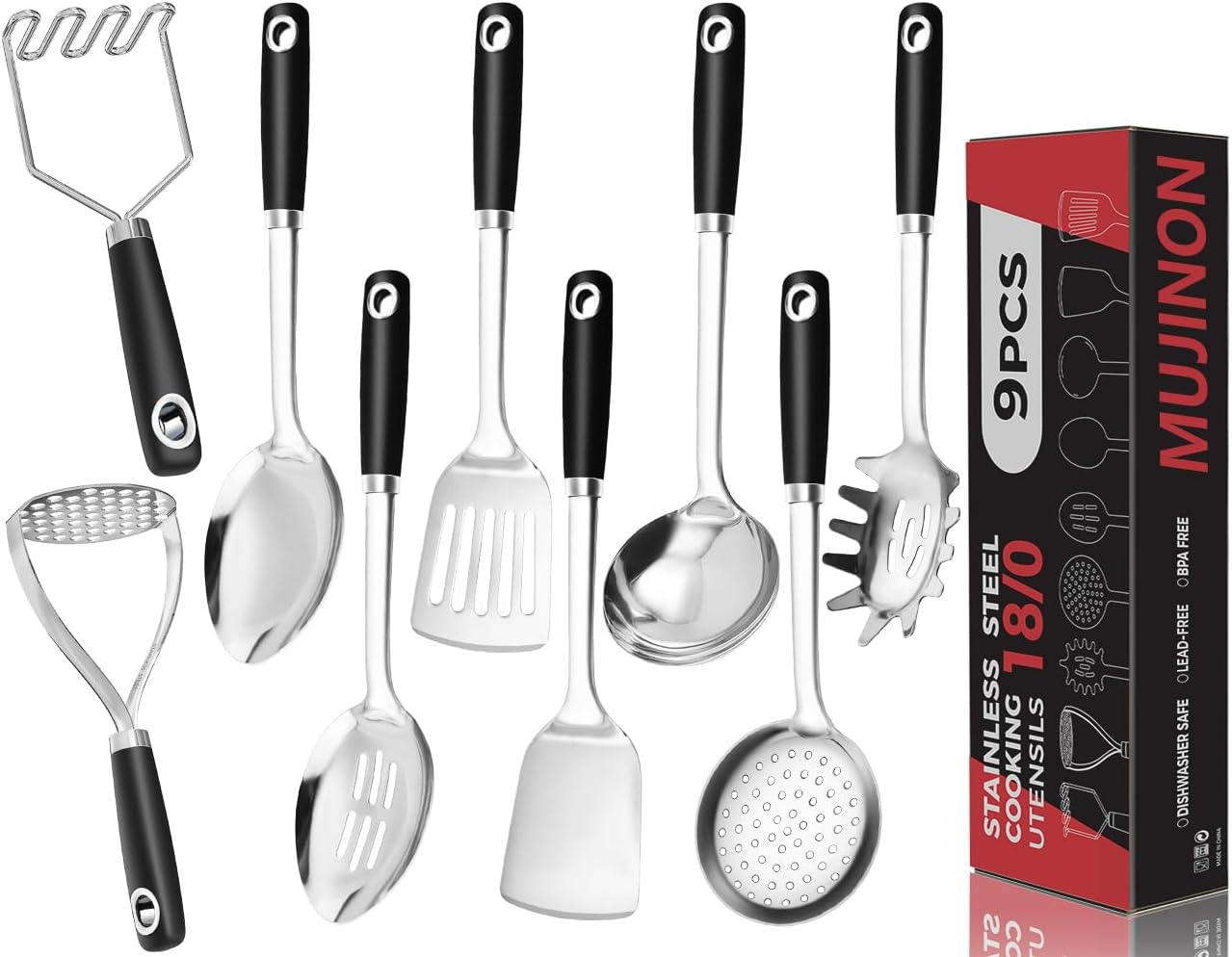 Set 9 Pzas Utensilios Acero Inox 18/0 para Cocina
