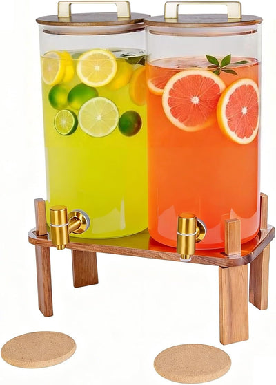 2 Dispensadores Bebida Vidrio 1.5gal Tapa Madera Grifo Acero Inox