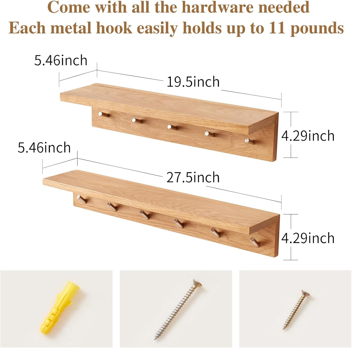 Perchero madera roble 20" 5 ganchos estante flotante
