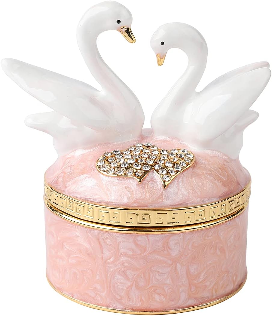 Caja cisne bisagras cristal esmaltado decorativa rosa