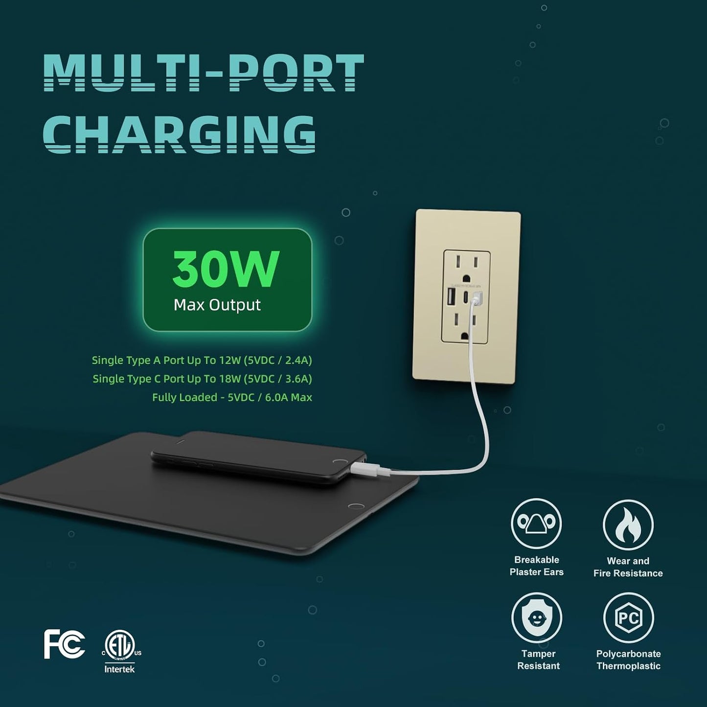 Toma corriente USB pared 30W 3 puertos A y C 15A resistente
