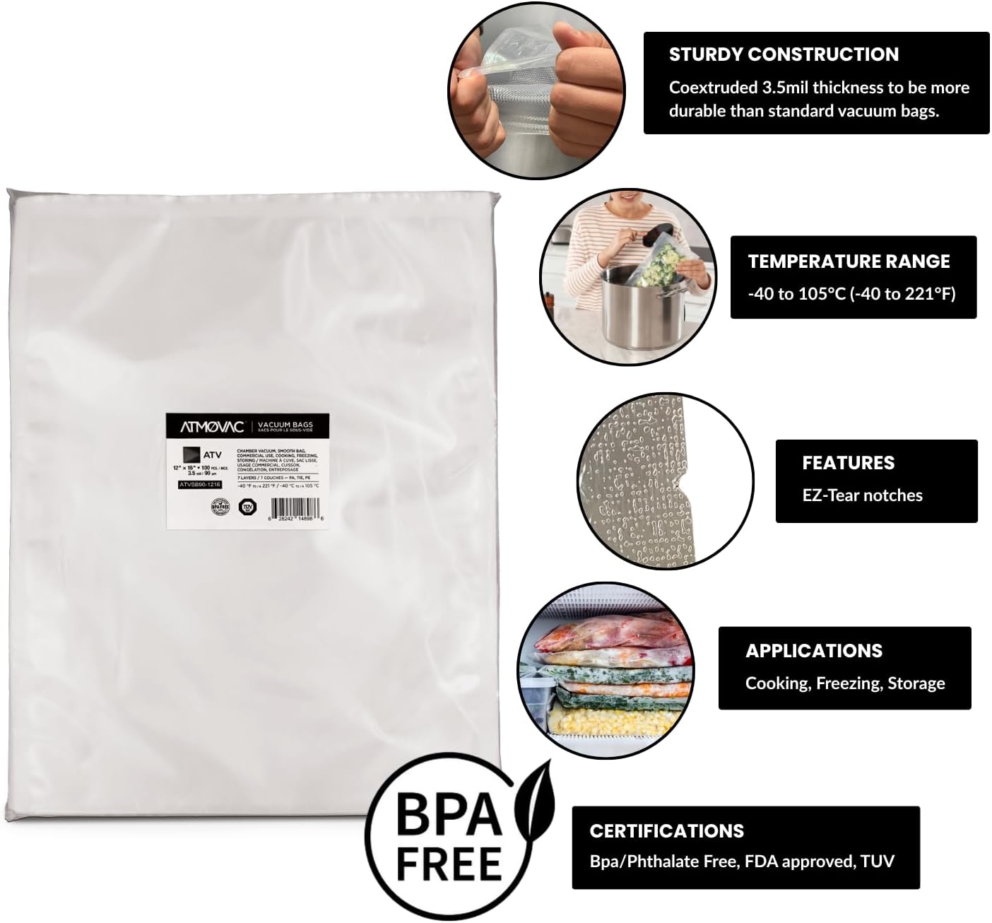 Bolsas selladoras al vacío sous vide 12x16pulg 100uds sin BPA