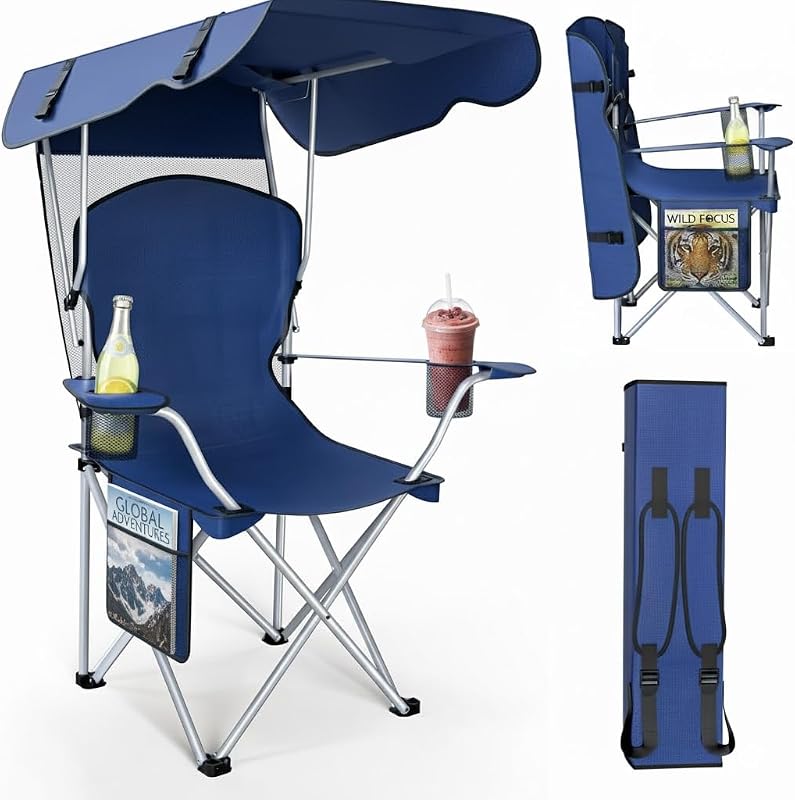 Silla camping plegable con toldo tela Oxford 600D azul