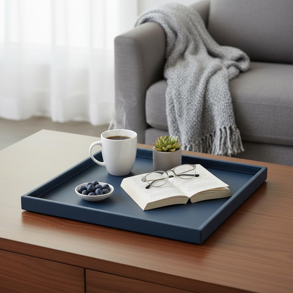 Bandeja otomana rectangular 50x50cm cuero PU azul resistente