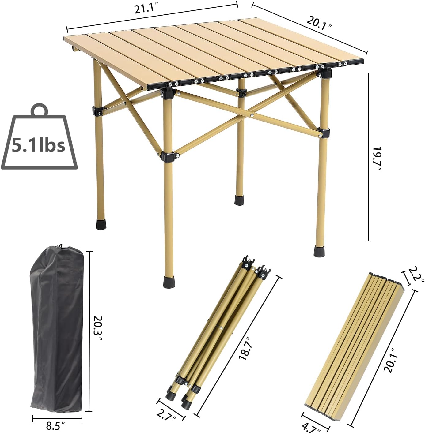 Mesa camping plegable aluminio ligera con bolsa caqui