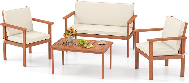 Set 4 sillas acolchadas madera acacia mesa patio trasero