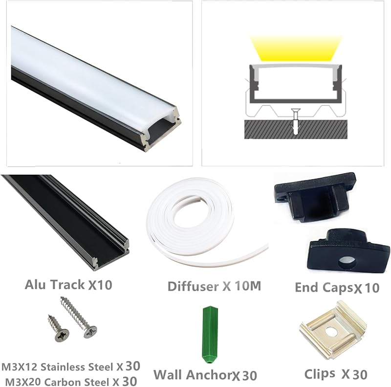 Tira LED negra en U 10x3.3 ft cubierta silicona