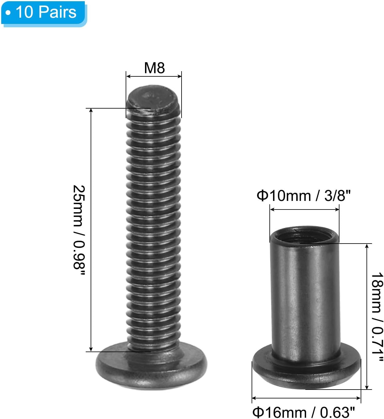 Set 10 tornillos hex 8x25 mm y tuercas 8x18 mm encaje negro