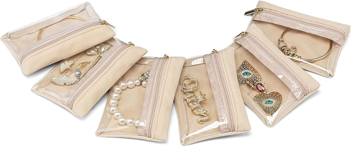 Estuche joyas viaje con bolsas terciopelo cremallera 6 pzas