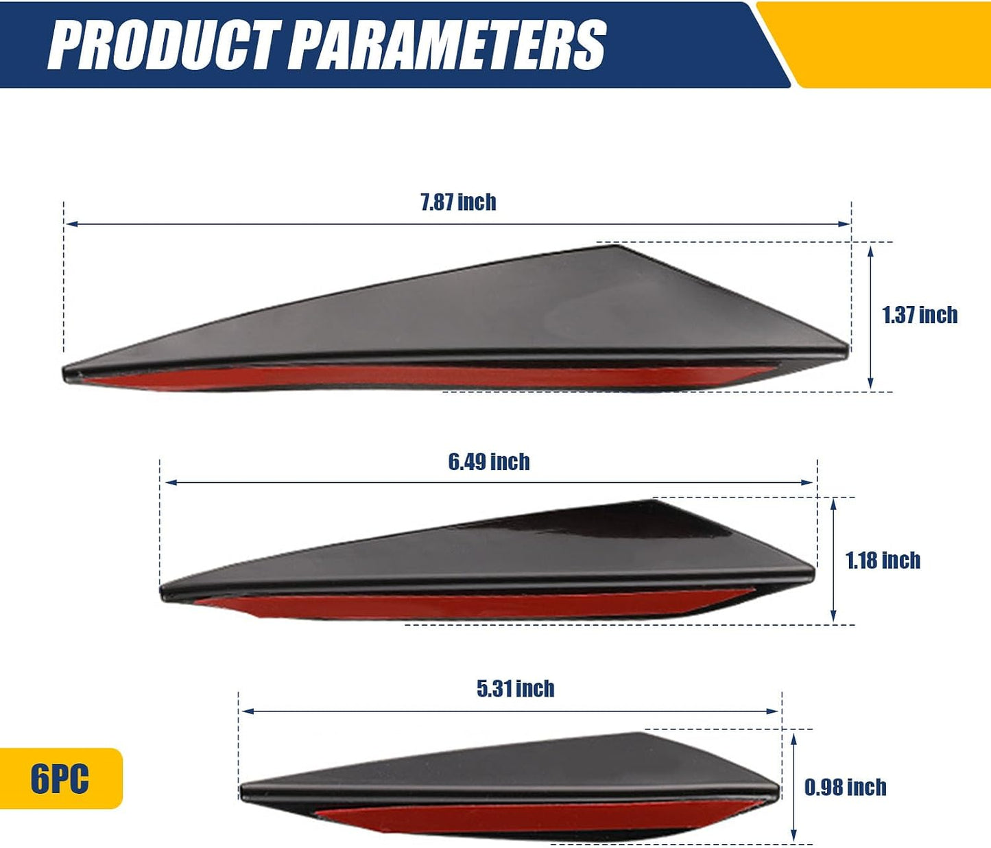 6 Alerones PVC Negro Adhesivos para Parachoques Automóvil