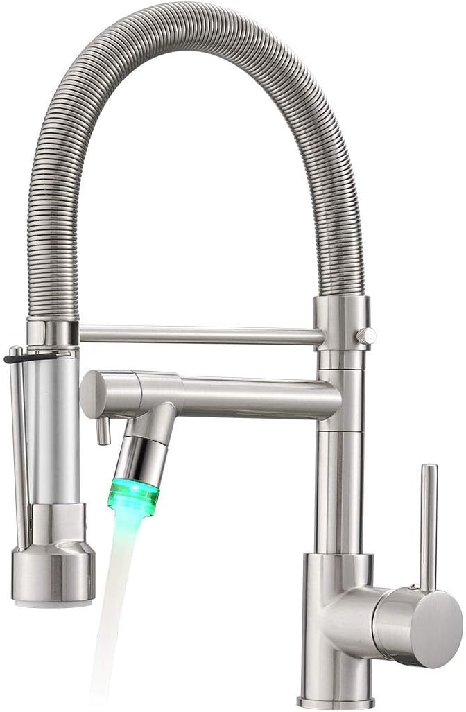 Grifo cocina LED con pulverizador y dispensador jabón níquel