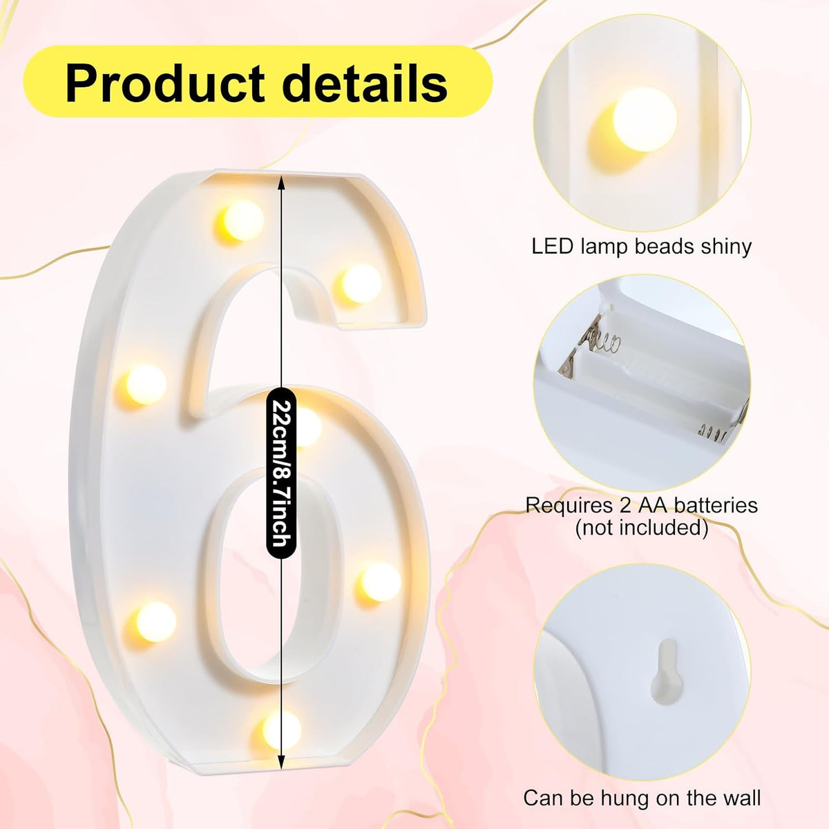 Letrero LED números purpurina 8.7'' cumpleaños aniversario