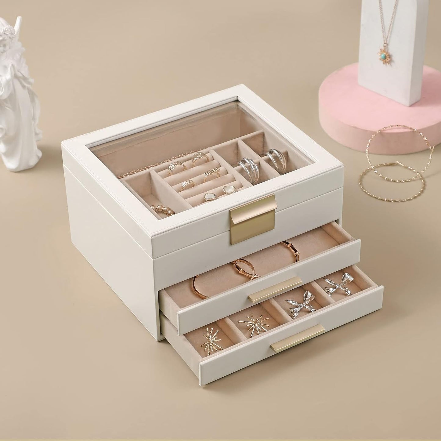Caja joyas cuero PU 3 cajones con tapa vidrio