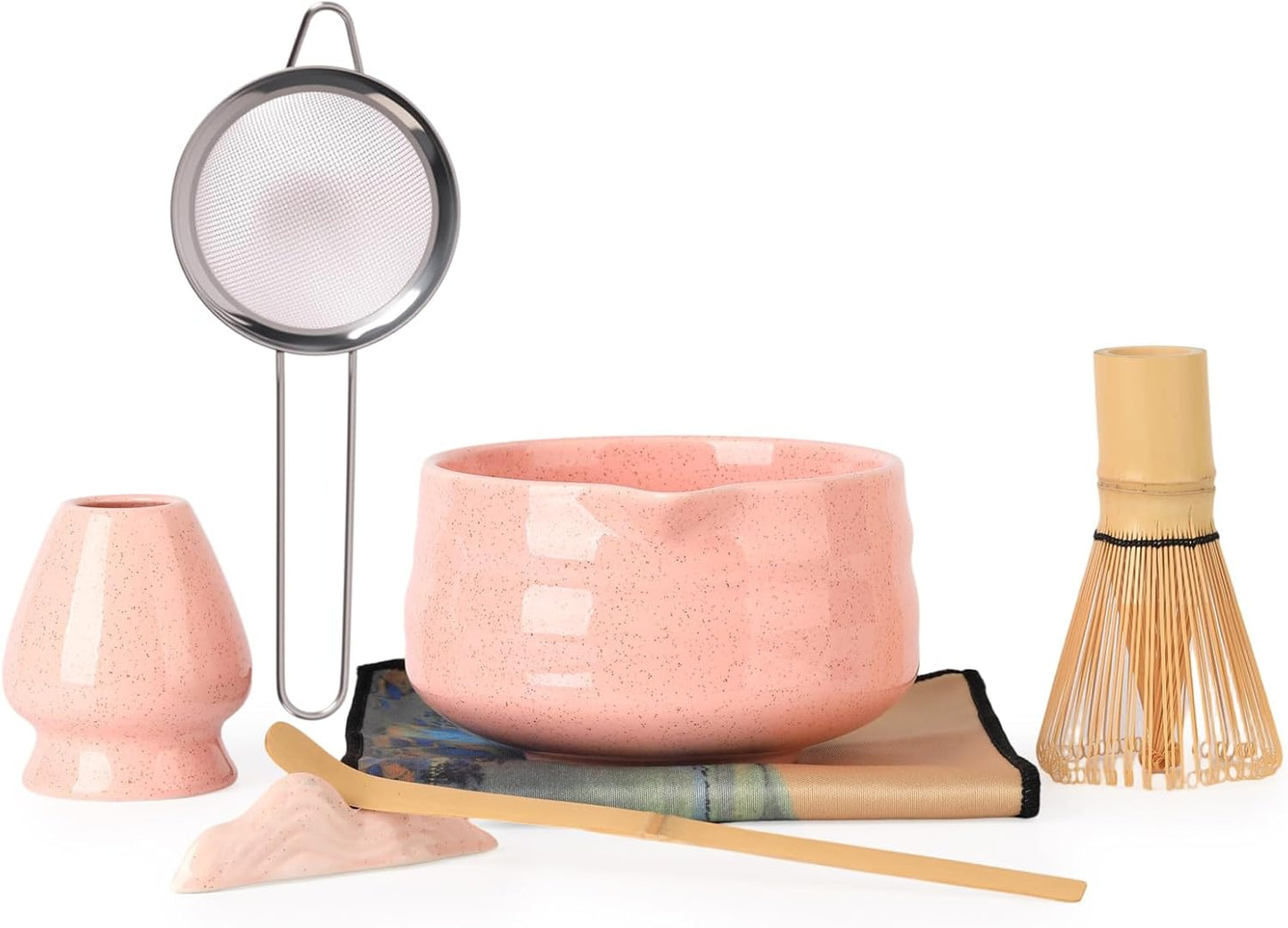 Set batidor té matcha 7 pzas bambú cerámica acero inox rosa