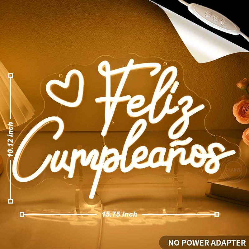 Letrero Neón Corazón Feliz Cumpleaños 15.75x10.12