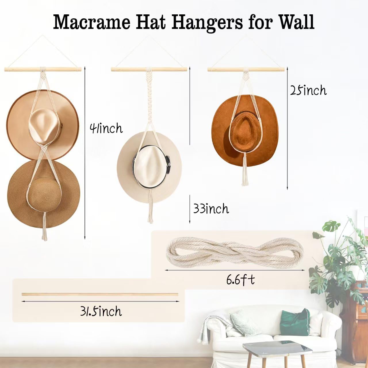 Perchas macramé para sombrero pared 41x31" decoración