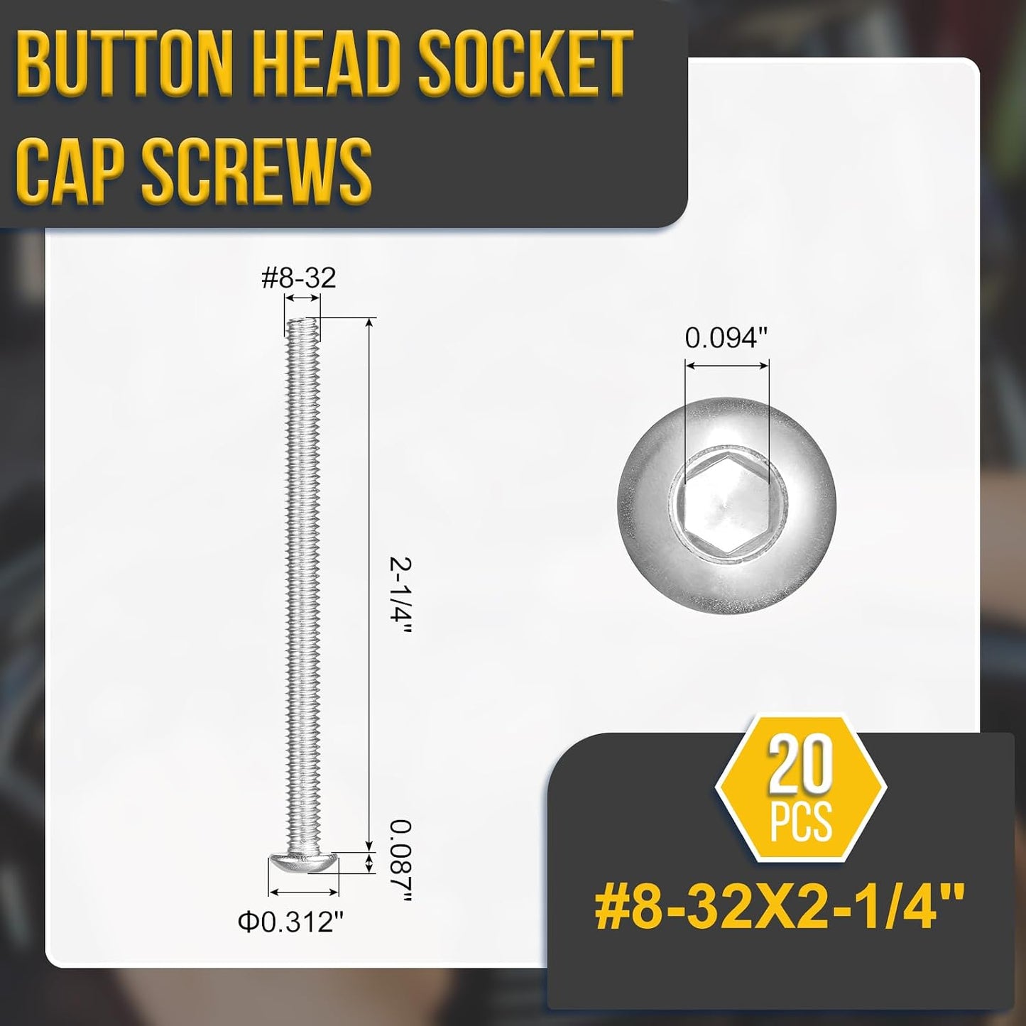 Tornillos botón hex 8-32x2-1/4 acero inox 304 set 20