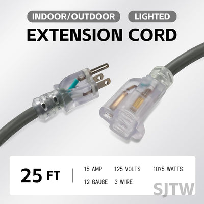 2 Cables Extensión Iluminados 25ft SJTW 12/3 Gris Resistente