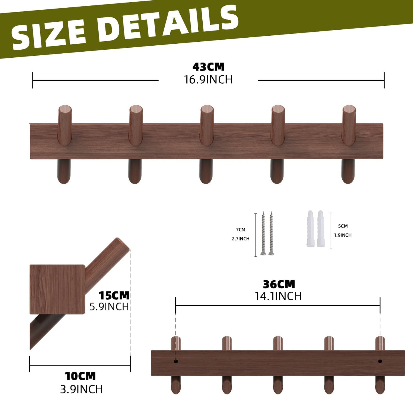 Perchero madera maciza ganchos extraíbles para pared 5