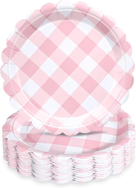 48 Pzas Platos Papel Cuadros Vichy Rosa 7pulg Fiesta