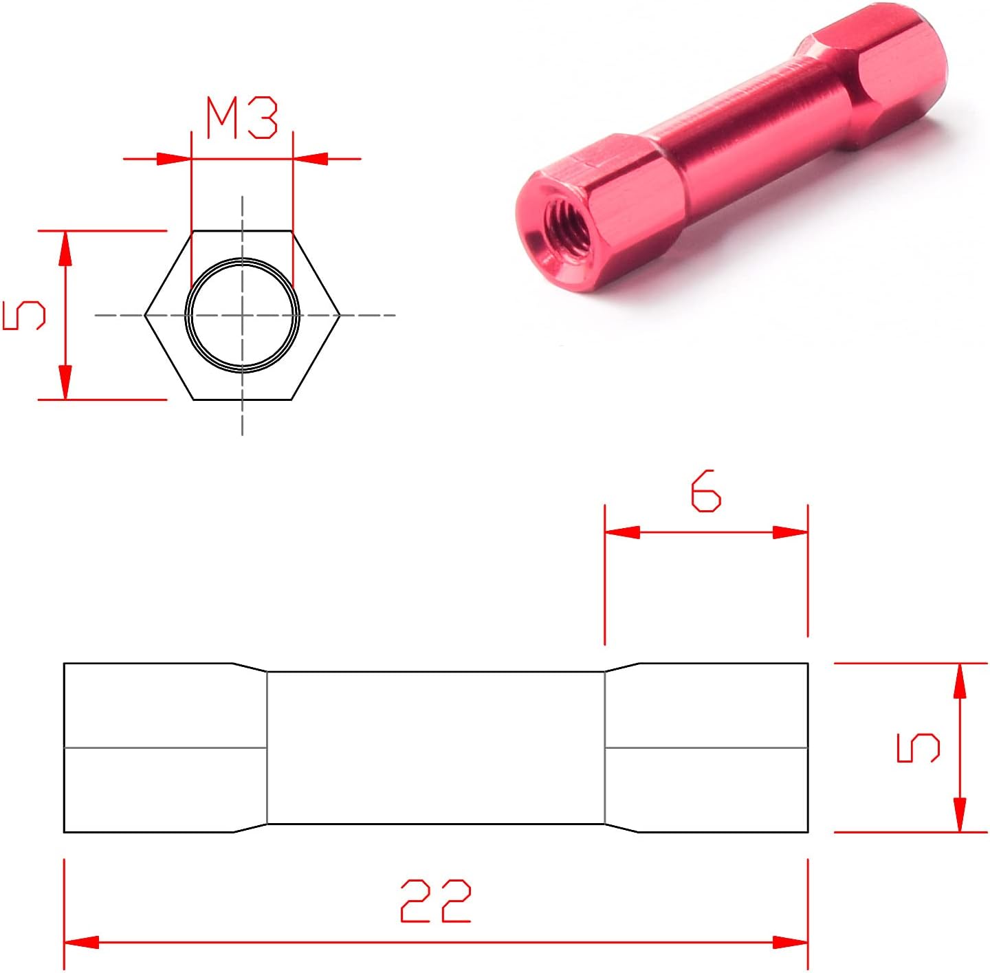 Columna separación escalones aluminio hexagonal M3 0.866pulg drone