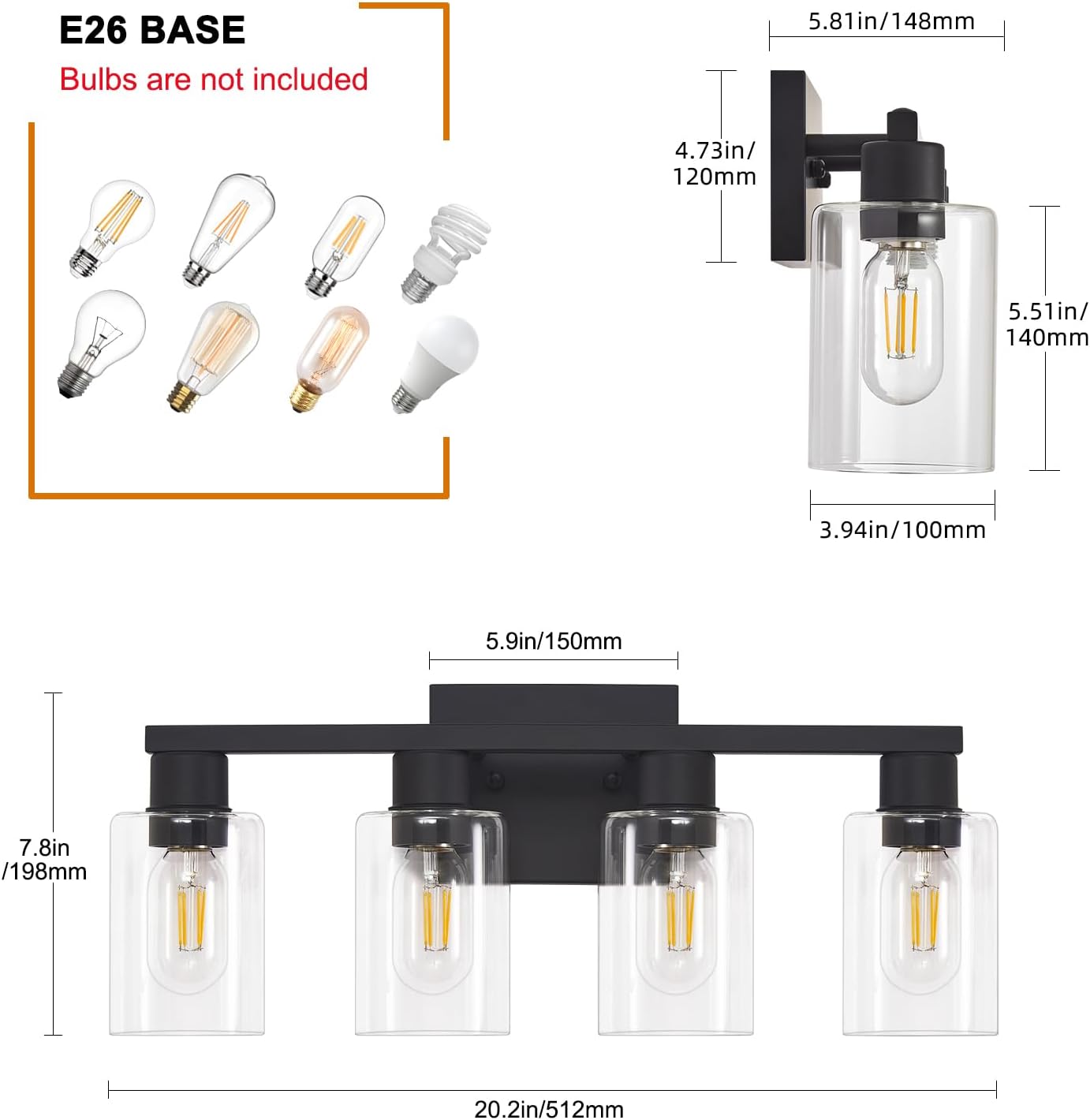 Lámpara tocad. baño 4 luces estilo rústico vidrio