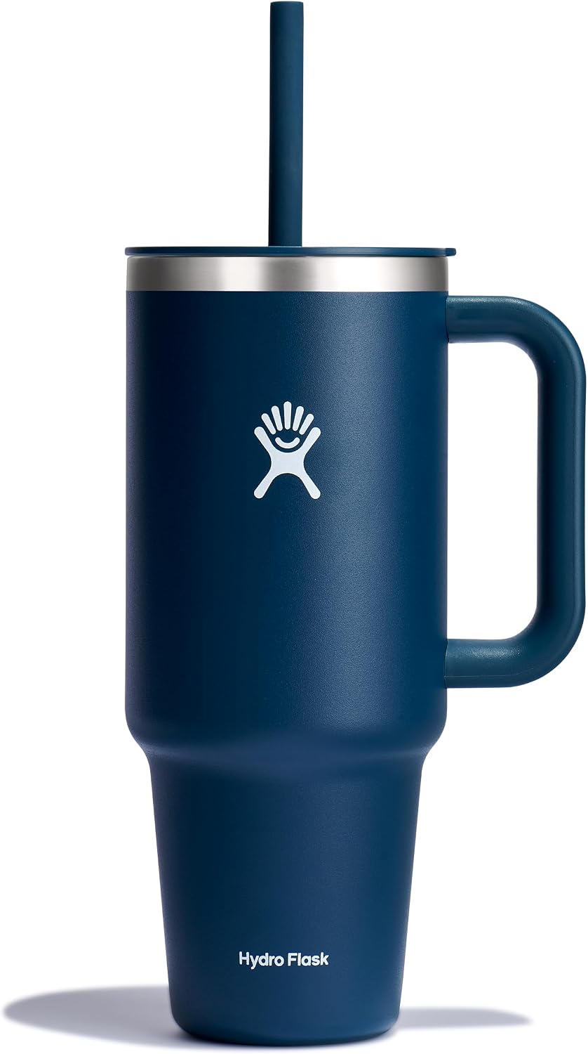 Vaso viaje acero inox aislado 40oz con asa tapa y pajita azul