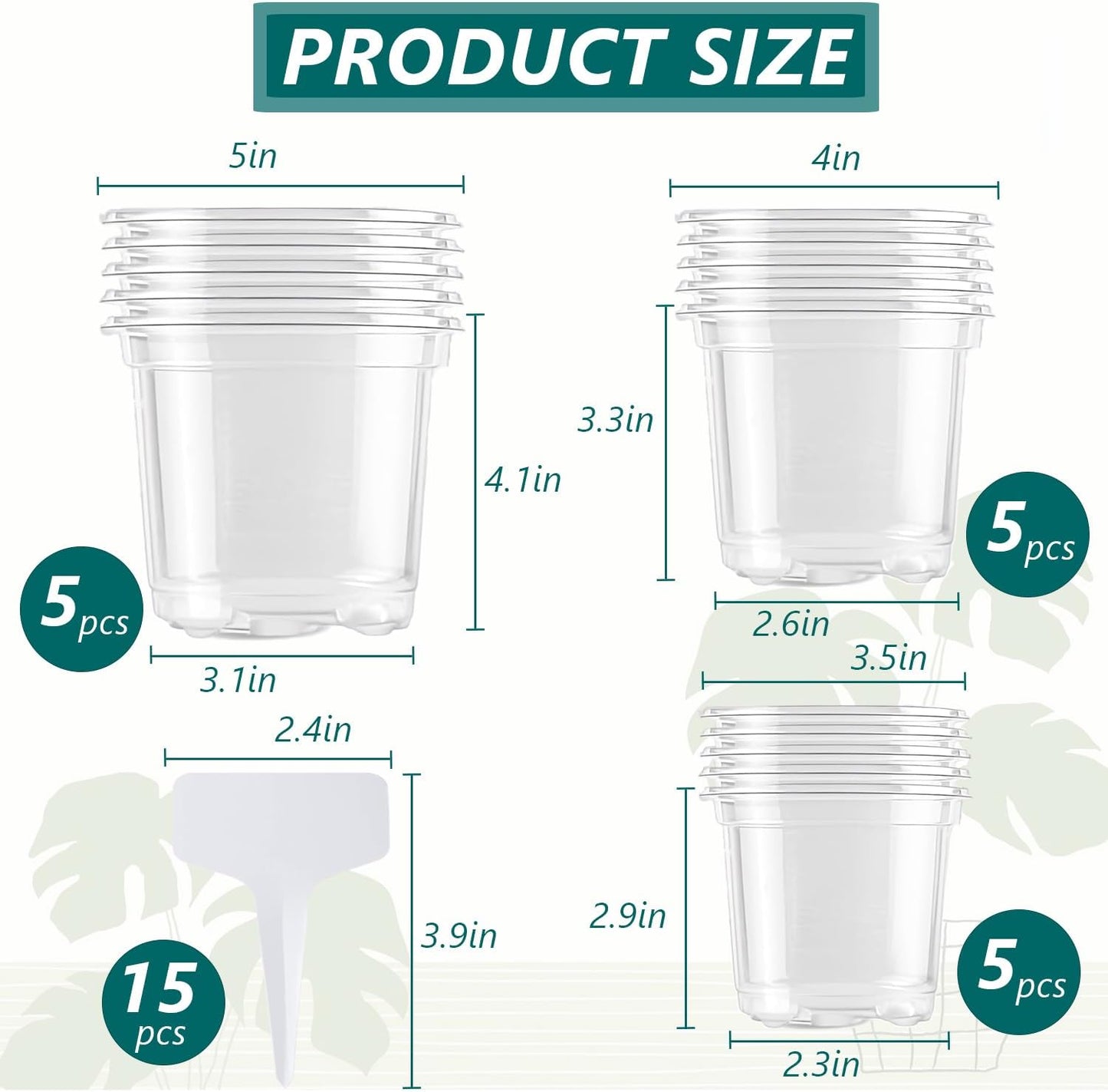 Macetas transparentes 5/4/3.5pulg con drenaje 15uds