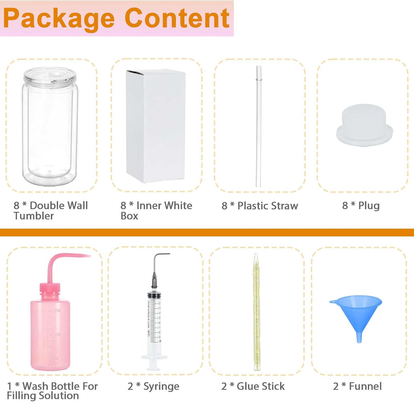 Kit 8 vasos tumbler plástico doble pared 16oz con embudo