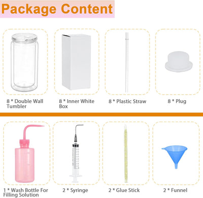 Kit 8 vasos tumbler plástico doble pared 16oz con embudo