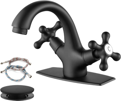 Grifo lavabo un solo agujero doble mango negro mate