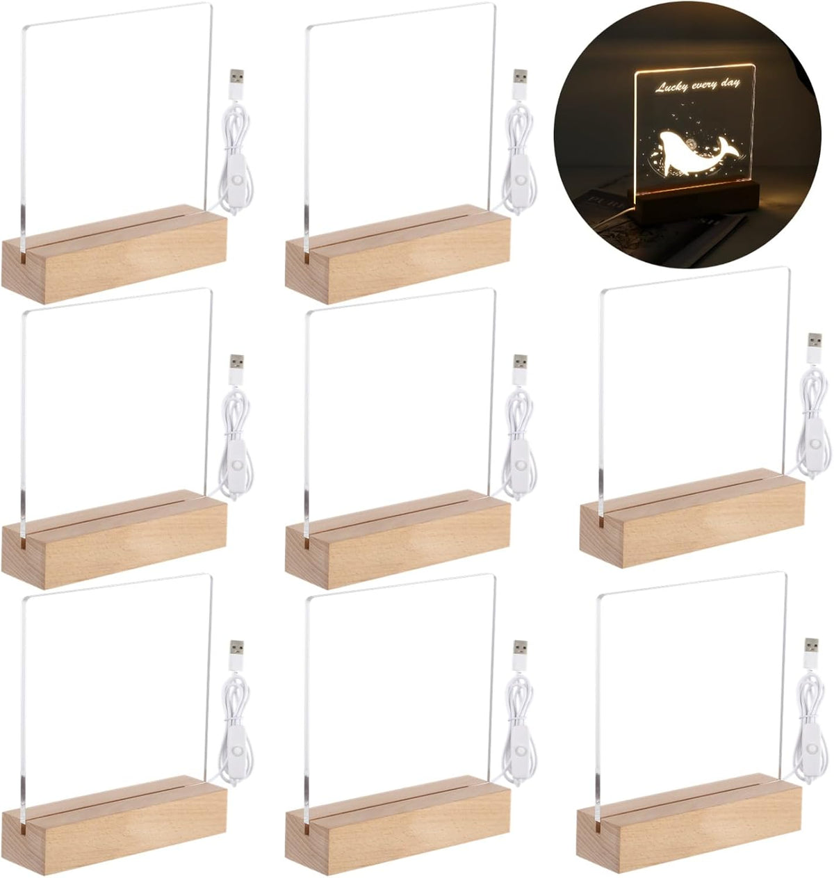 Base luz madera acrílica 8 luces USB 7pulg transparentes