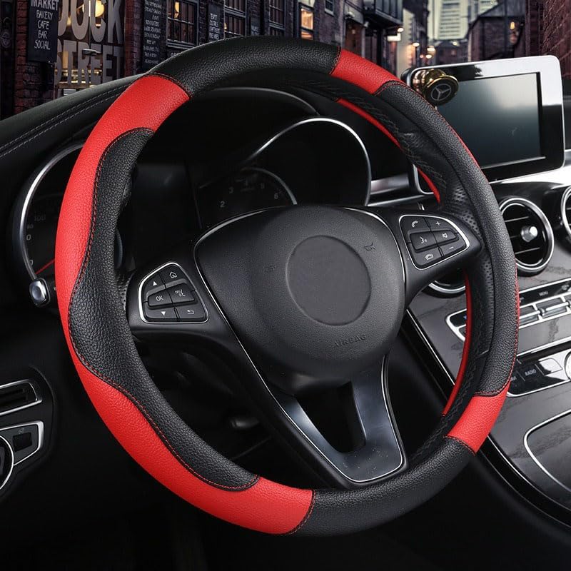 Funda volante coche cuero sintético transpirable 15pulg rojo