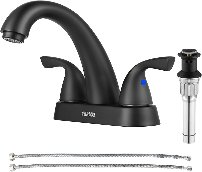 Grifo lavabo 2 asas baño con drenaje y mangueras negro mate