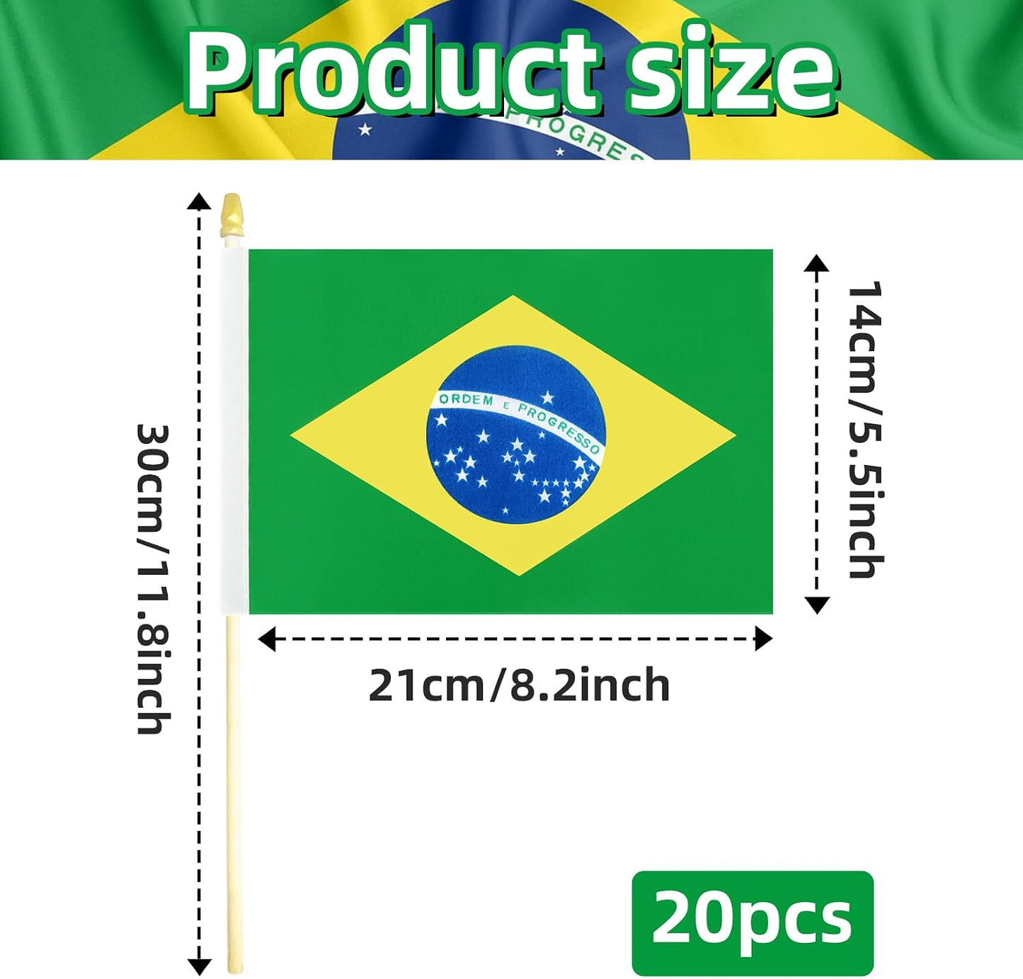 20 Banderas Brasil 5x8pulg en Palo Madera Tapa Dorada