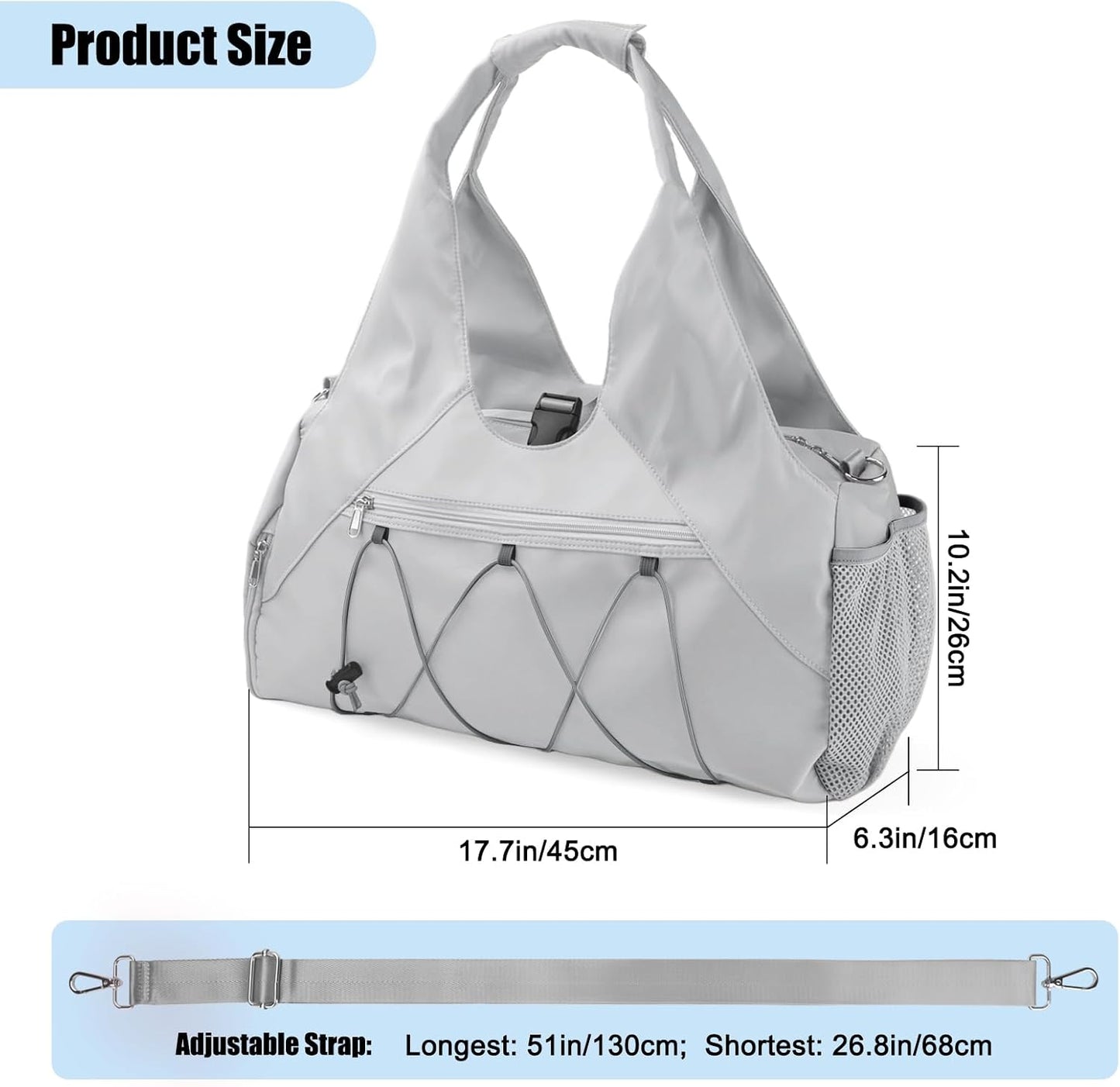 Bolsa gimnasio mujer con compartimentos y correa ajustable gris