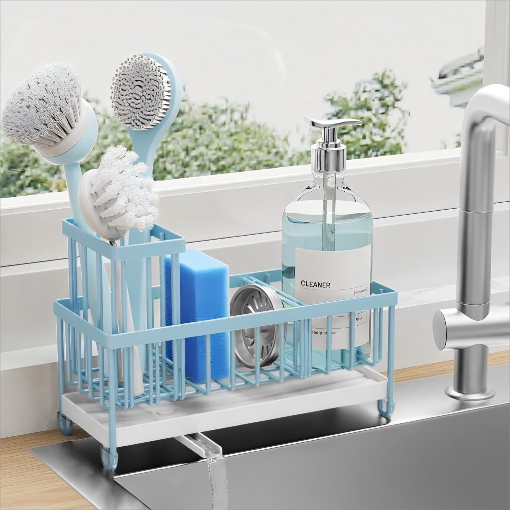 Soporte esponja azul fregadero con soporte cepillos acero
