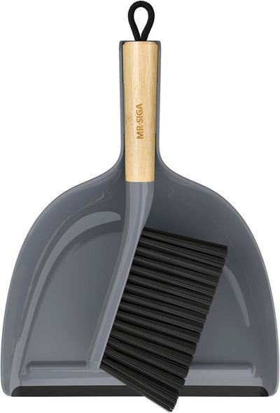 Juego recogedor y cepillo portátil mango bambú gris