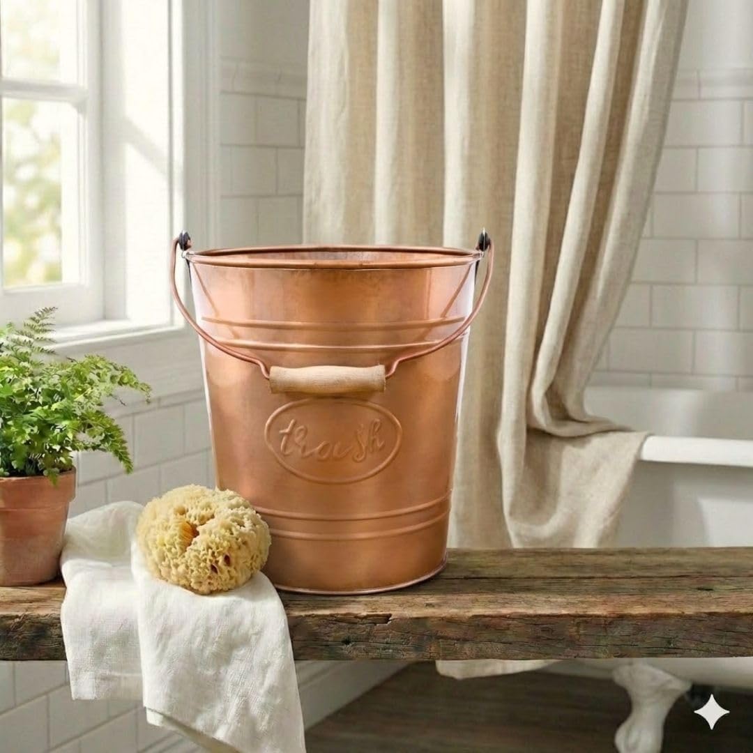 Cubo basura baño rústico metal mango madera 7L tono cobre