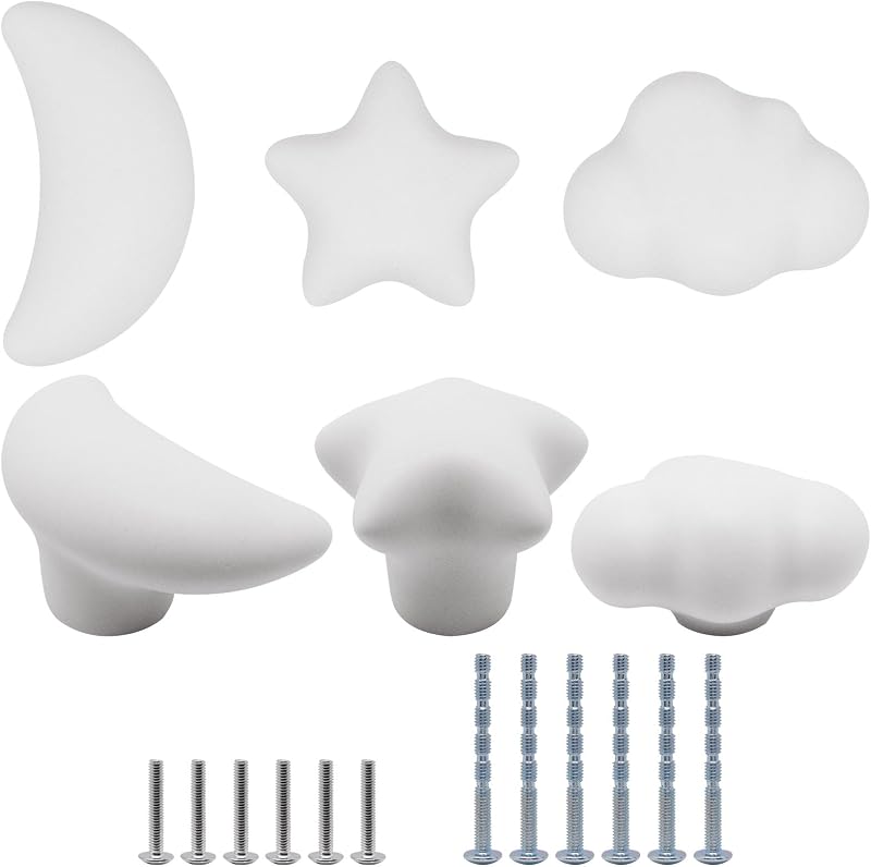 6 Pomos Cerámica Tocador Cajón Blancos Estilo Nube Luna