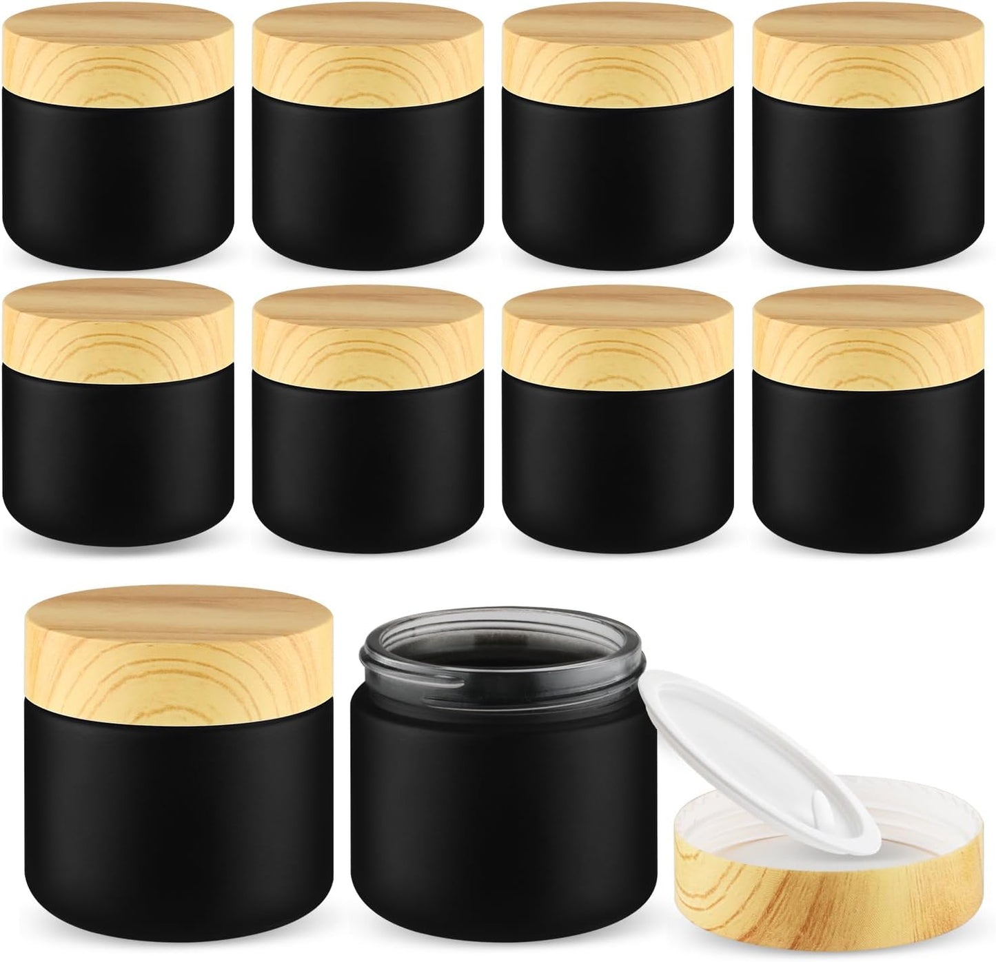 10 Tarros Vidrio 2oz con Tapas Madera para Cosméticos Negro