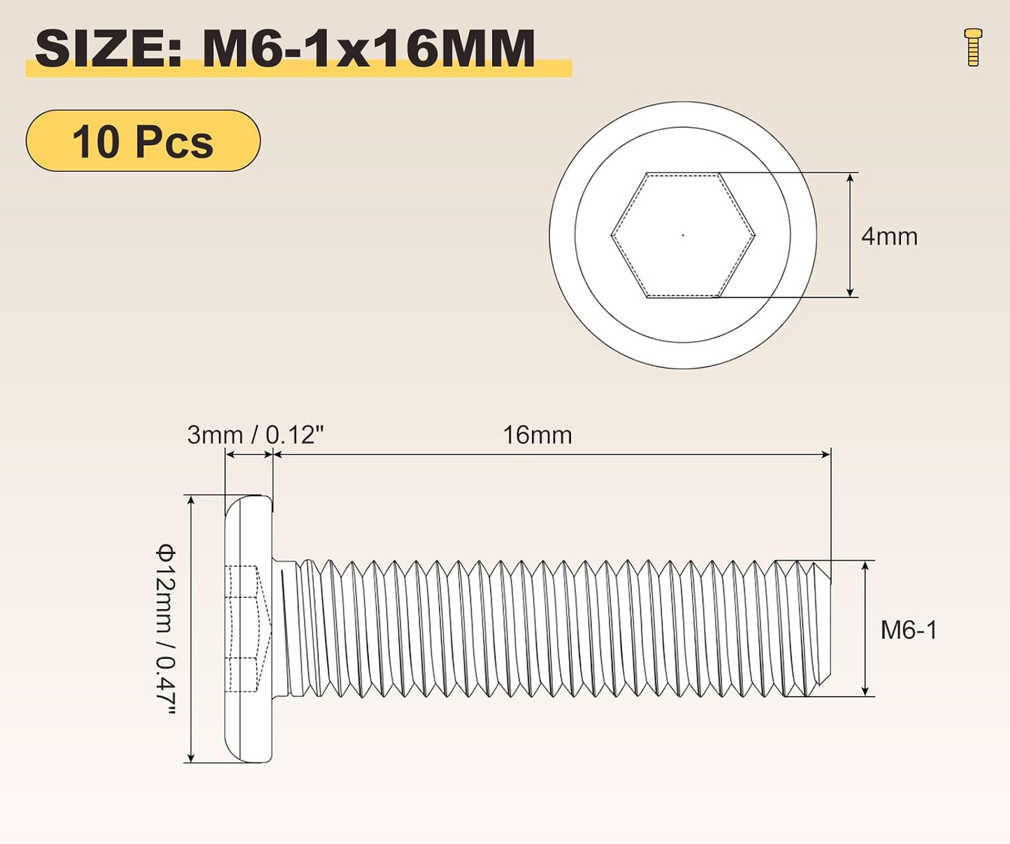 Tornillos M6-1x16 acero para muebles 10 pzas amarillo
