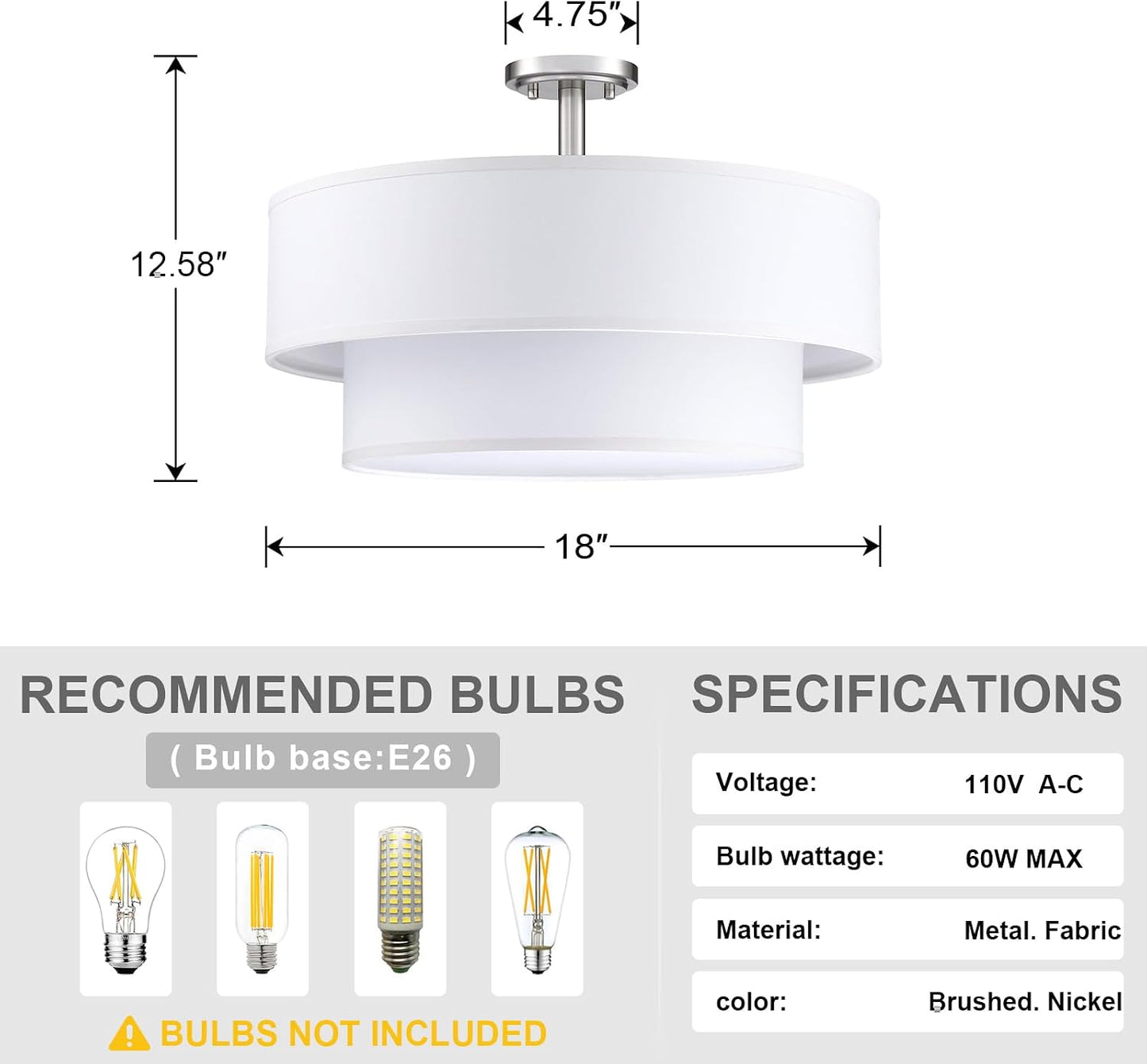 Lámpara techo doble tambor 4 luces níquel 18pulg